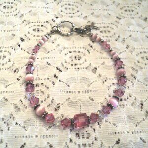 Breast Cancer Bracelet Pink Beads & Crystals .925 Sterling Silver BC Ribbon 7.5"